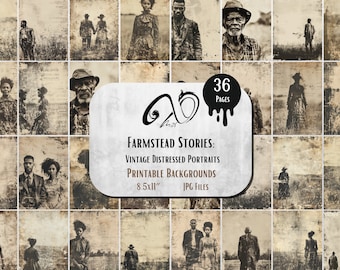 Historias de granja: Retratos vintage angustiados, efímera de diario basura digital, afroamericano imprimible, kit de álbum de recortes, hoja de collage ATC