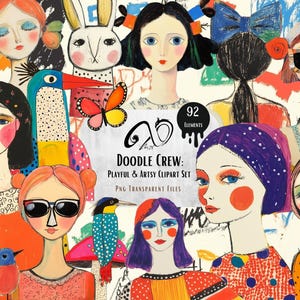Doodle Crew: set di clipart giocoso e artistico: una vivace collezione di illustrazioni dipinte a mano, perfette per diari spazzatura e lavori artigianali con tecniche miste.