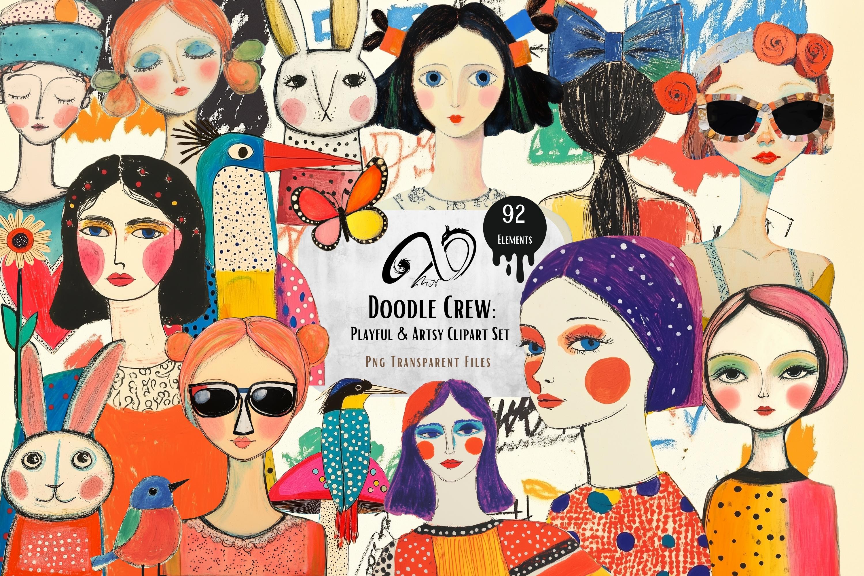 Doodle Crew: Playful and Artsy Clipart Set –A vibrant collection of hand-painted illustrations perfect for junk journals, mixed media crafts