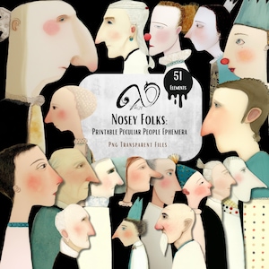Nosey Folks: Ephemera di persone particolari stampabili – una collezione eccentrica, personaggi con tecniche miste, ritratti per diari spazzatura, collage artistici, PNG