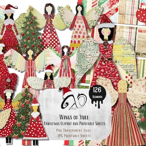 Wings of Yule: Clipart natalizie e fogli stampabili, arte multimediale, forniture per scrapbooking Carta stravagante, ali d'angelo, bambole di carta, PNG