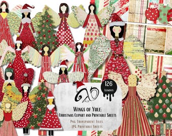 Clipart kerstengel: afdrukbare papieren kerstpoppen (digitale download)