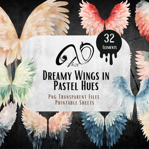 Puede incluir: Un conjunto de 32 ilustraciones digitales de alas de colores pastel. Las alas están en varios tonos de rosa, azul, verde y amarillo. El texto "Dreamy Wings in Pastel Hues" está escrito en negro sobre un fondo blanco. El texto "PNG Transparent Files Printable Sheets" está escrito en negro debajo del título.