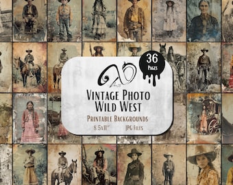 May include: A collage of 36 vintage photographs depicting scenes from the Wild West. The images feature cowboys, horses, Native Americans, and other figures from the era. The photos are printed in black and white and have a faded, antique look. The text "Vintage Photo Wild West" is printed in black on a white background.