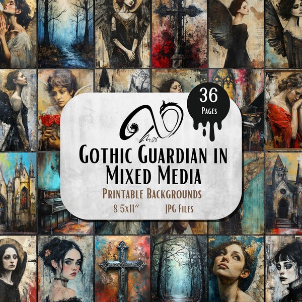 Gothic Guardian in Mixed Media, mixed media art, printable scrapbooking supplies, Gothic papers, angel wings, Junk Journal, Whimsical Paper