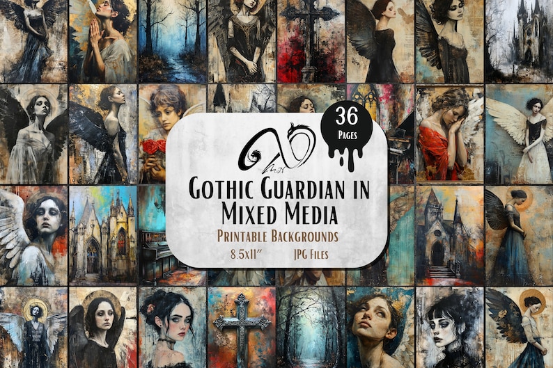 Gothic Guardian in Mixed Media, mixed media art, printable scrapbooking supplies, Gothic papers, angel wings, Junk Journal, Whimsical Paper image 1