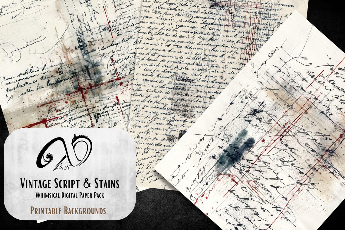 Vintage Asemic Writing Paper: Script Stains Collage, Junk Journals ...
