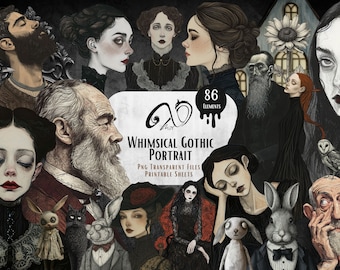 Wunderliches Gothic Portrait, Ephemera, Mixed-Media-Kunst, druckbares Scrapbooking-Material, Gothic Charaktere, launischer Hintergrund, Gothic Clipart