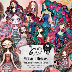 Clipart sous-marin lunatique de rêves de sirène, éphémères, art technique mixte, fournitures de scrapbooking imprimables, fantaisie, poupée en papier PNG, vie marine