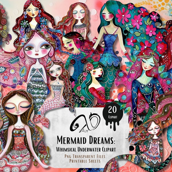 Mermaid Dreams Whimsical Underwater Clipart, Ephemera, Mixed-Media-Kunst, druckbares Scrapbookingzubehör, Whimsy, Papierpuppe PNG, Sea Life