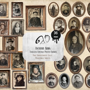 Antieke uitstraling: vintage fotolijsten, efemere digitale junkdagboek, afdrukbare antieke foto's, collageblad plakboekkit, Victoriaans portret