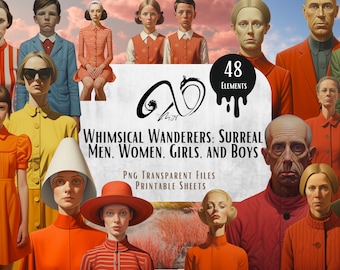 Whimsical Wanderers: Surréalistes hommes, femmes, filles et garçons, feuilles imprimables, clipart, kit de collage, fantaisiste, Junk Journal, téléchargement numérique