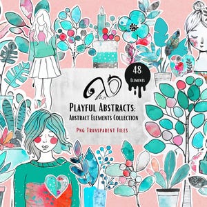 Astratti giocosi: collezione di elementi astratti, arte mista di effimeri, materiale per scrapbooking stampabile, ragazze stravaganti, bambola di carta stravagante