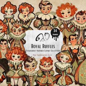 May include: A collection of Renaissance-inspired clipart featuring various figures with elaborate ruffs and period clothing. The illustrations have a vintage aesthetic with a muted color palette of greens, oranges, and creams. The text "Royal Ruffles" is displayed on a white banner.