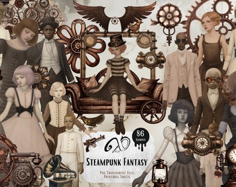 Steampunk Fantasy-clipart, afdrukbare benodigdheden voor scrapbooking (digitale download)