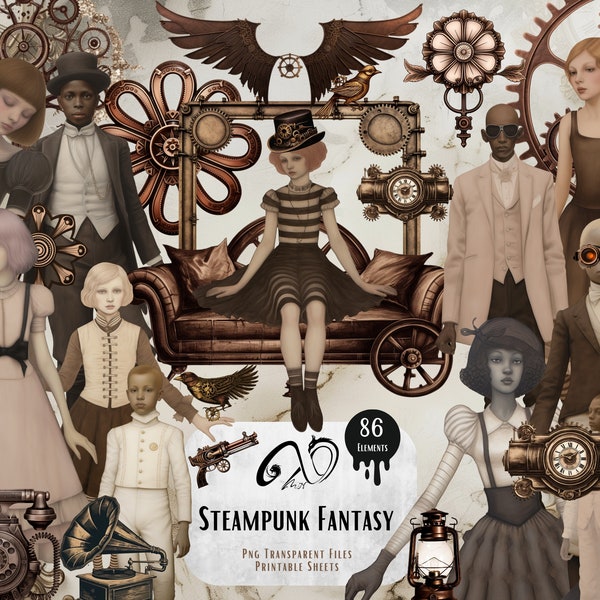 Whimsical Steampunk Fantasy, oggetti effimeri, arte multimediale mista, forniture per scrapbooking stampabili, personaggi Steampunk, sfondo stravagante, Steampunk