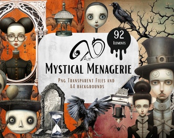 May include: A digital collage of 92 mystical and gothic elements, including a skeletal figure, a birdcage, a raven, a tombstone, an hourglass, a piano, and several portraits of people with dark eyes and pale skin. The text "Mystical Menagerie" is written in a gothic font.