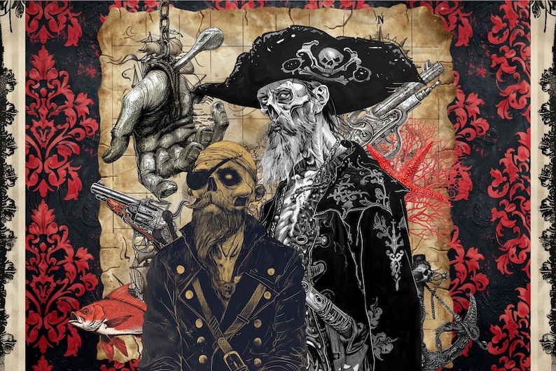 Shadowy Sailors Whimsical Clipart, effimera, arte multimediale mista, forniture per scrapbooking stampabili, pirati, stravagante, artigianato pirata, PNG gotico immagine 9