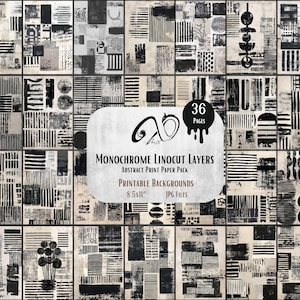 Puede incluir: Una colección de 36 fondos de papel de impresión abstractos monocromáticos. Los diseños presentan varios patrones de linograbado en blanco y negro, incluyendo rayas, formas y texturas. El texto de la imagen dice "Monochrome Linocut Layers Abstract Print Paper Pack".