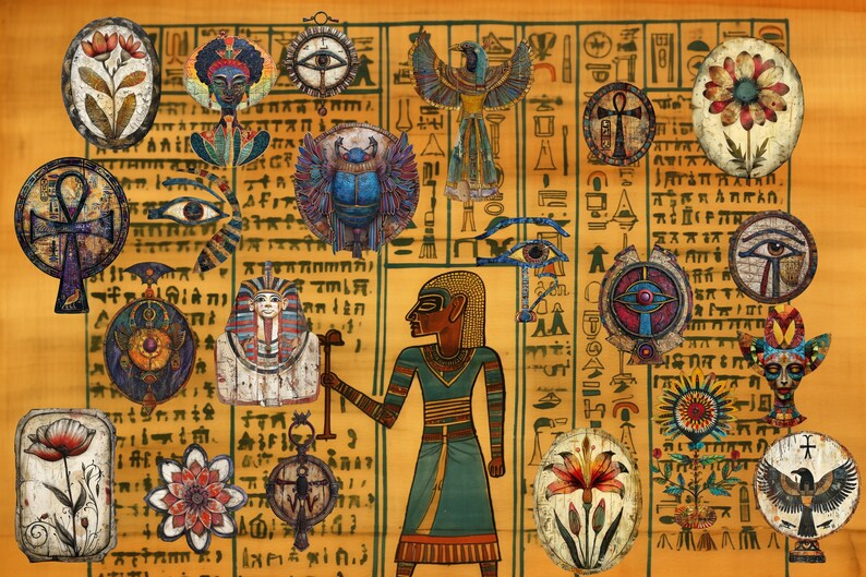 Antichi divertimenti: capricciose clipart egiziane, oggetti effimeri, scrapbooking stampabile con tecnica mista, Cleopatra, occhio di Horus, piramidi, faraone immagine 7