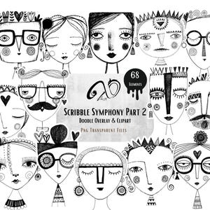 Könnte beinhalten: Eine Sammlung von 68 handgezeichneten Schwarz-Weiß-Doodle-Gesichtern mit verschiedenen Frisuren, Brillen und dekorativen Mustern. Der zentrale Text lautet Scribble Symphony Part 2 Doodle Overlay & Clipart, ein Set digitaler Grafikelemente.