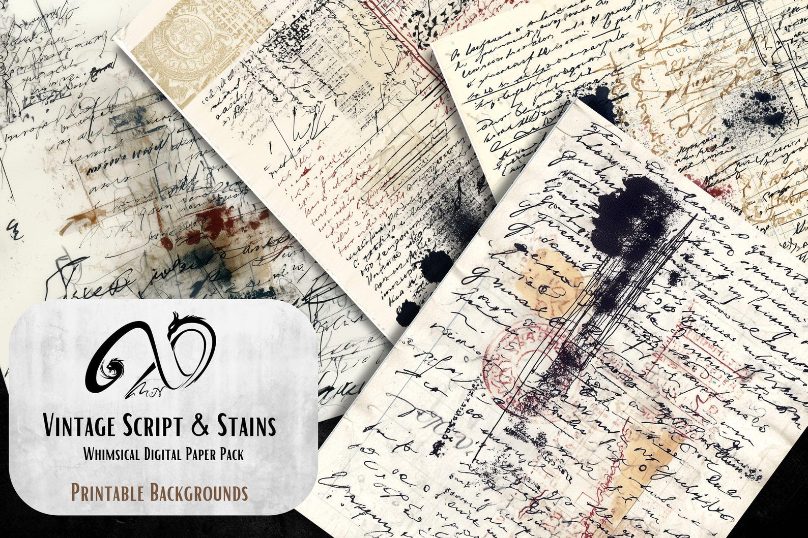 A Paper Script Vintage Asemic Writing Paper: Script Stains Collage, Junk Journals ...