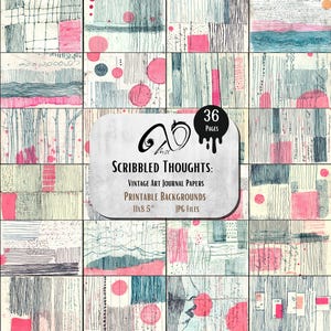 May include: A set of 36 printable vintage art journal papers. The papers showcase abstract designs in pink, teal, and grey tones. The text "Scribbled Thoughts" is displayed on a white background, along with the dimensions 27.9 x 21.6 cm.