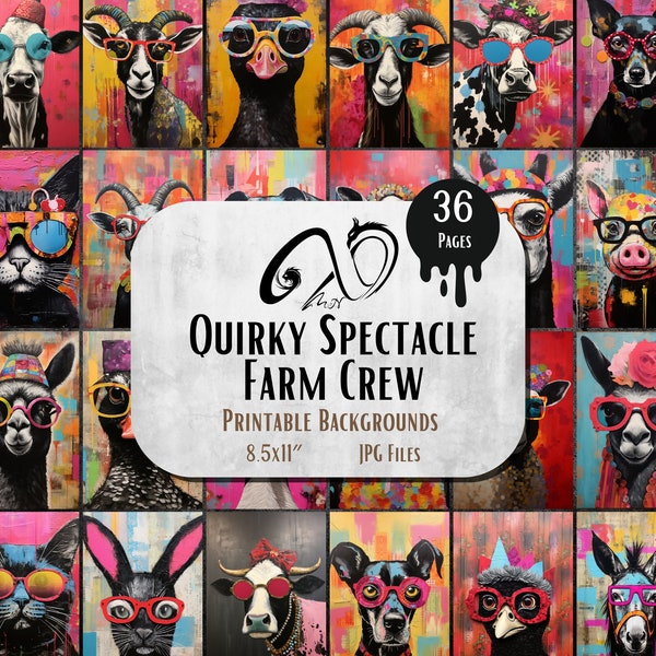 Quirky Spectacle Farm Crew- Whimsical Farm Animal Characters, mixed media, printable scrapbooking supplies, Junk Journal, Printable, whimsy