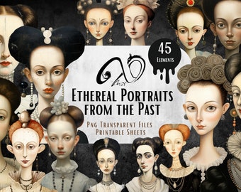 Ethereal Portraits from the Past, Printable Sheets, Vintage Images, fit for Collage, Whimsical, JPG, PNG, Junk Journal, Digital Download