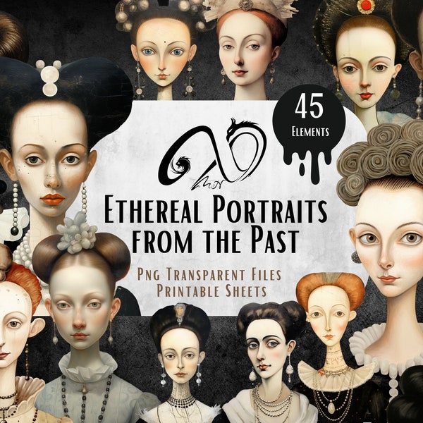 Ethereal Portraits from the Past, Printable Sheets, Vintage Images, fit for Collage, Whimsical, JPG, PNG, Junk Journal, Digital Download