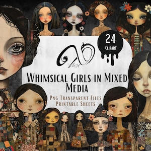 Ragazze stravaganti in tecniche miste, collezione di diari spazzatura da scaricare in digitale, foglio di collage stravagante Clipart tecniche miste Quirky Girls
