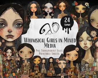 Whimsical Girls in Mixed Media, Digital Download Junk Journal Printable Collection, Whimsical collage sheet Clipart Mixed media Quirky Girls