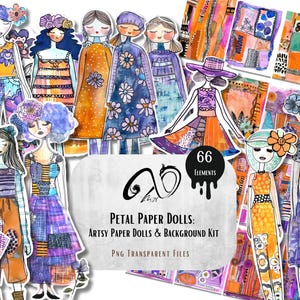 Petal Paper Dolls: bambole di carta artistiche e kit di sfondo effimero arte multimediale scrapbooking Whimsical Girls Whimsy Background bambola di carta PNG