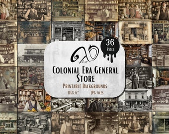 Vintage Photo Colonial Era General Store, effimera diario spazzatura digitale, foto antiche stampabili, kit di album, foglio di collage del XVII secolo