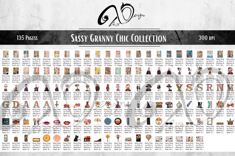 Collezione Sassy Grandma Chic, forniture per scrapbooking stampabili di arte multimediale mista effimera, Nonna stravagante, Sfondo stravagante, Bambola di carta PNG immagine 2