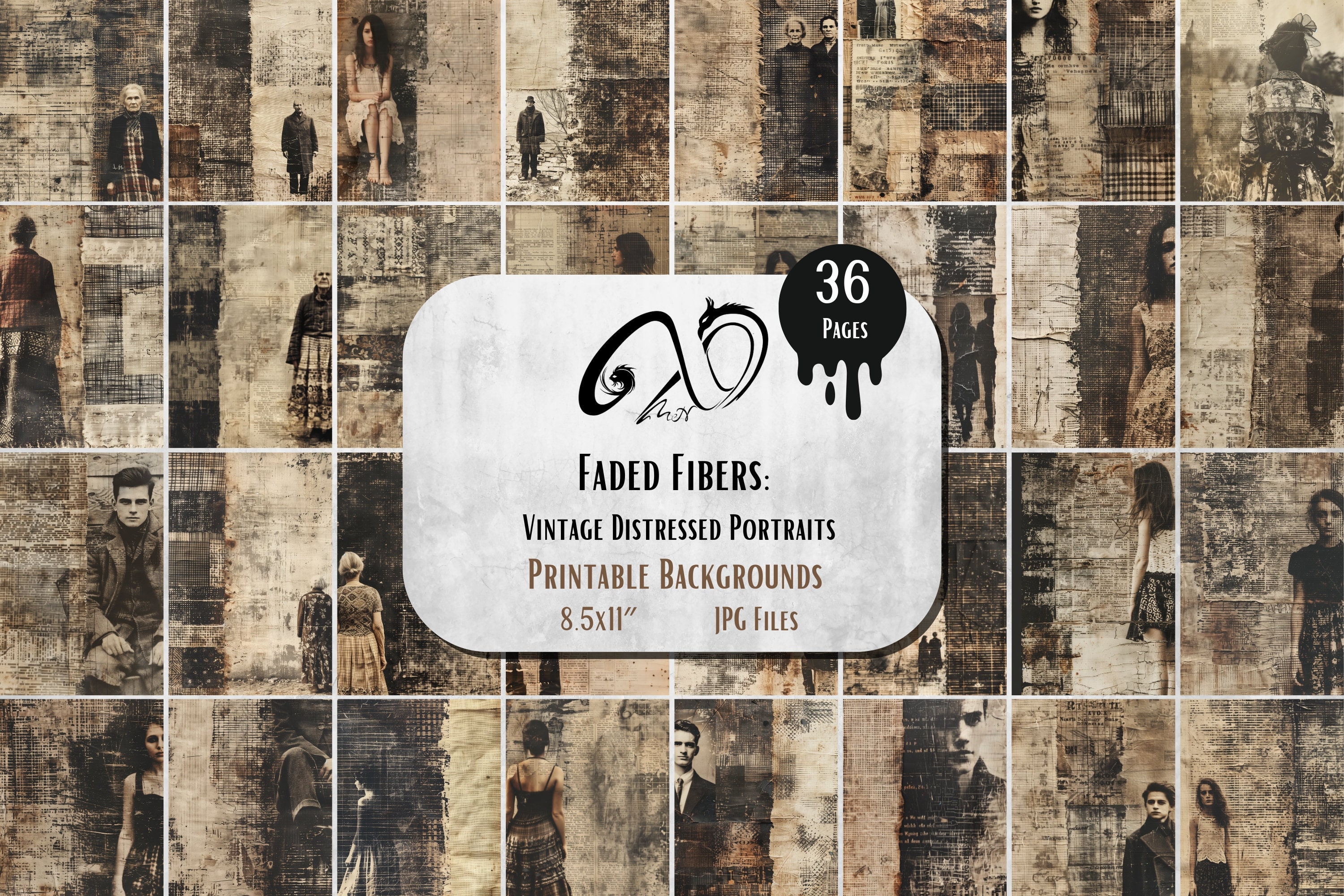 Faded Fibers: Vintage Distressed Portraits, digital junk journal ephemera, printable antique photos, scrapbook kit collage sheet ATC, Fabric