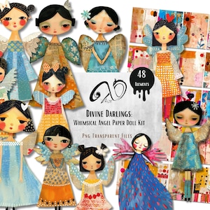 Divine Darlings: Kit de muñeco de papel de ángel caprichoso, arte en técnica mixta, suministros para álbumes de recortes imprimibles Papeles caprichosos, alas de ángel, muñecos de papel