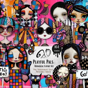 Playful Pals: Clipart stravaganti, materiale effimero, arte multimediale, materiale per scrapbooking stampabile, Ragazze stravaganti, Bambola di carta con sfondo stravagante PNG