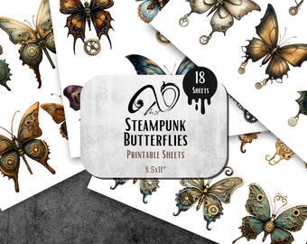 Papillons Steampunk en techniques mixtes, pages de journal de papillons, papillon grunge/pictural, 18 feuilles imprimables de papillons Jpeg