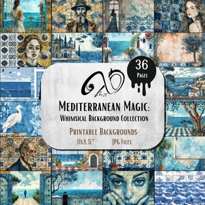 Magia mediterranea: Collezione di sfondi stravaganti stampabili con tecnica mista, carta di sfondo digitale Sea Beach Sfondo digitale ragazze oceaniche immagine 1