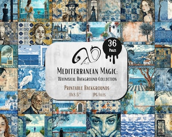 Magia mediterranea: Collezione di sfondi stravaganti stampabili con tecnica mista, carta di sfondo digitale Sea Beach Sfondo digitale ragazze oceaniche