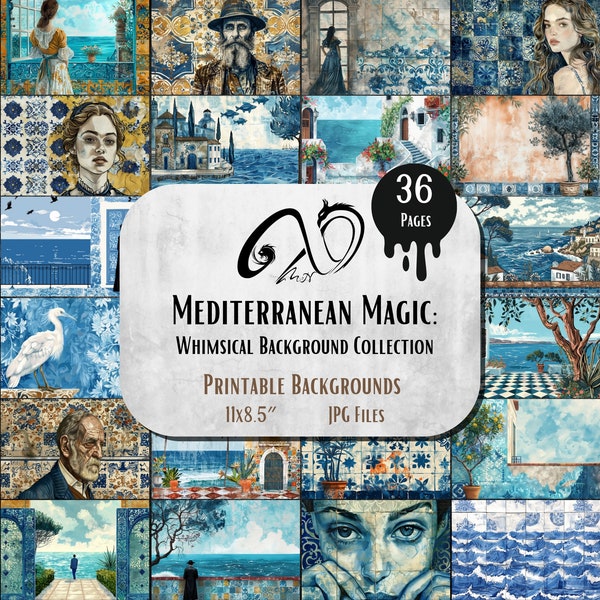 Mediterranean Magic: Whimsical Background Collection mixed media printable, Sea Beach digital  background paper Digital Backdrop ocean girls