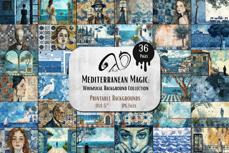 Mediterranean Magic: Whimsical Background Collection mixed media printable, Sea Beach digital background paper Digital Backdrop ocean girls image 1