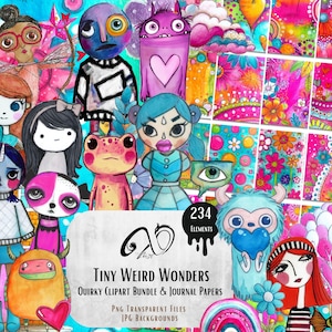 Peut inclure: Un ensemble d'art numérique intitulé "Tiny Weird Wonders" comprenant des cliparts originaux et des papiers de journal. L'image présente une collection de personnages fantaisistes et d'arrière-plans floraux colorés. L'ensemble comprend 234 éléments en fichiers PNG transparents et fonds d'écran JPG.