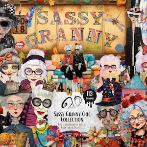 Sassy Granny Chic Collection, ephemera mixed media art printable scrapbooking supplies, Whimsical Grandma, Whimsy Background, Paper doll PNG