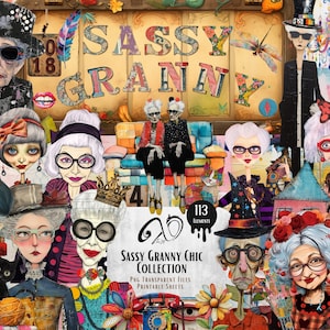 Collezione Sassy Grandma Chic, forniture per scrapbooking stampabili di arte multimediale mista effimera, Nonna stravagante, Sfondo stravagante, Bambola di carta PNG immagine 1