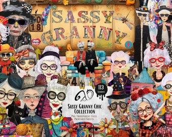 Sassy Oma Chic Sammlung, Ephemera Mixed-Media-Kunst druckbare Scrapbooking-Zubehör, wunderliche Oma, launischen Hintergrund, Papierpuppe PNG