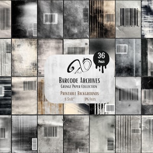 Puede incluir: Un collage de fondos de papel grunge en escala de grises con diseños de códigos de barras. La imagen presenta una etiqueta central que dice "Barcode Archives Grunge Paper Collection Printable Backgrounds 8.5x11 JPG Files" y una etiqueta "36 páginas".