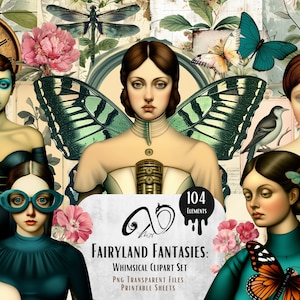 Fantasie del paese delle fate: set di clipart stravaganti, bambole di carta, effimere, arte multimediale stampabile, scrapbooking, ragazze stravaganti, foresta, farfalla