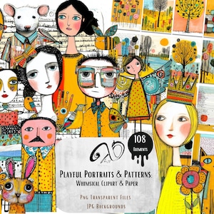 Playful Portraits & Patterns: ephemera mixed media art, printable scrapbooking supply, Whimsical Sketch, Whimsy Background Paper dolls PNG